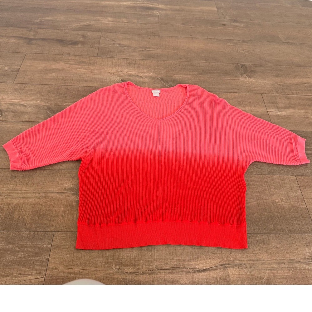 Chico's Ombre V-Neck Sweater Women L Pink Red Ombre Ribbed Dolman Relax Chic